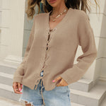 Solid V-Neck Cutout Lace-Up Knit Sweater