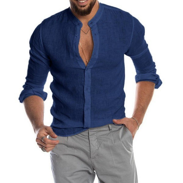 Long-sleeved Loose-fitting Men's Shirt With A Stand-up Collar In Linen