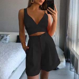 Fashion Solid Color Two Piece Tube Top High Waist Shorts