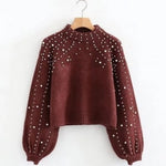 Pearl Printed Lantern Sleeve Knitwear Soft Knitting Sweater