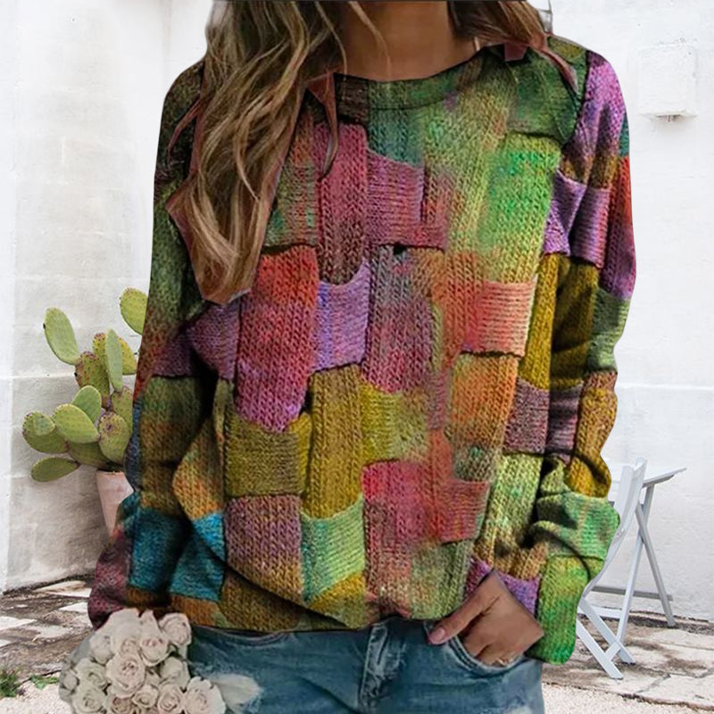 Crew-neck Paneled Long-sleeve Printed Sweater