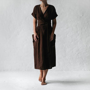 Cotton Linen Waist-Tie Pocket Dress