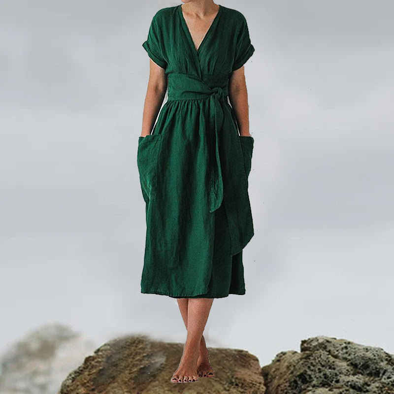 Cotton Linen Waist-Tie Pocket Dress