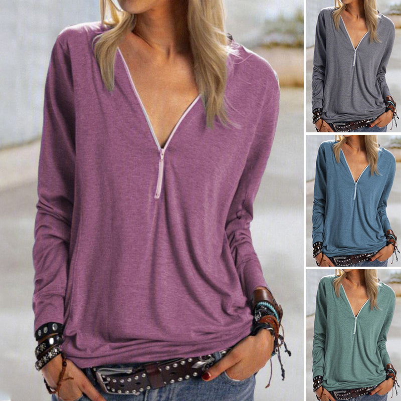 Zip Solid Long Sleeve T-Shirt