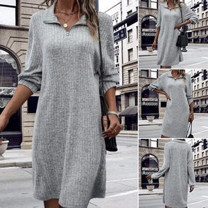 Solid Color Shift Dress with Long Sleeves and Zipper