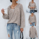 Long Sleeve V-Neck Drawstring Pullover Leopard Print Shirt