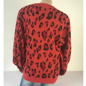 Women Long-sleeved Round Neck Solid Leopard Sweater