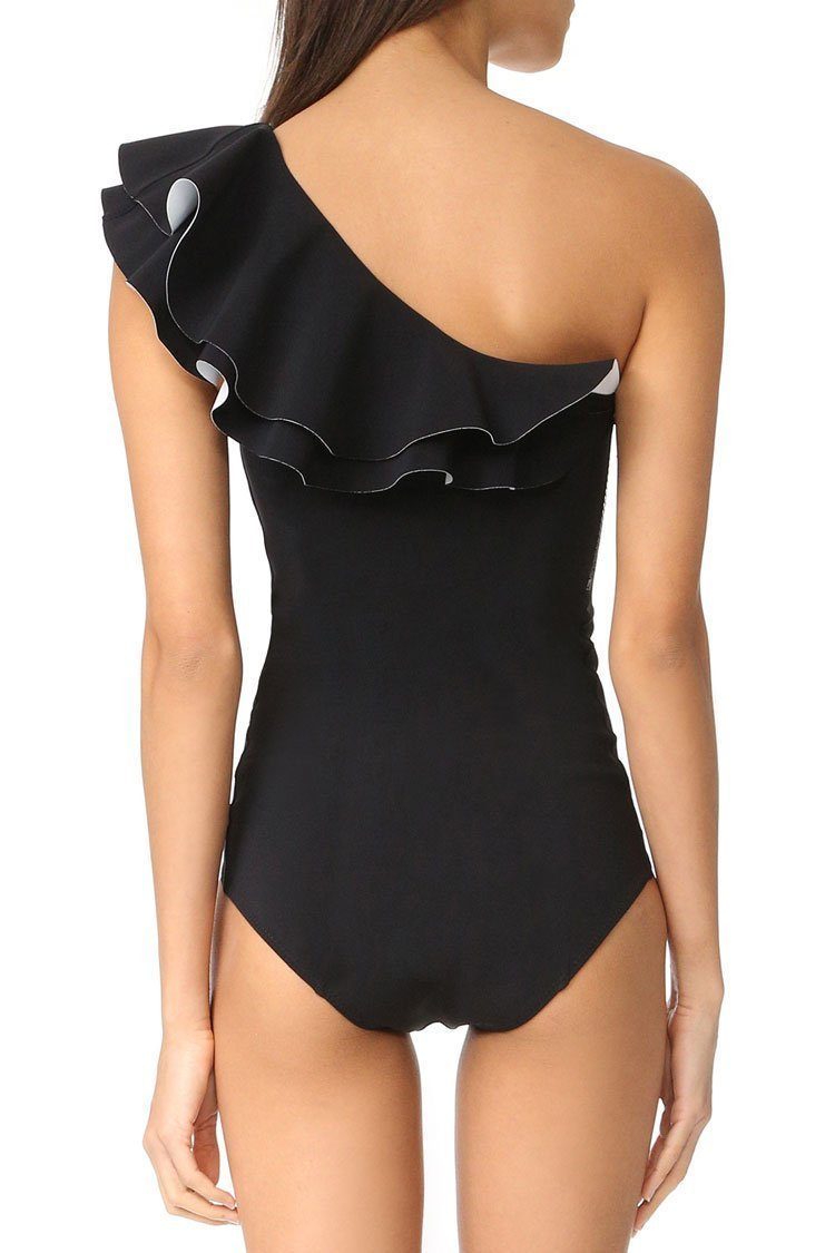 New Layered Ruffle One Shoulder One Piece Swimsuit in Black.MC