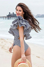 New Cutout Back Layered Ruffle One Shoulder One Piece Swimsuit in Stripe.MC