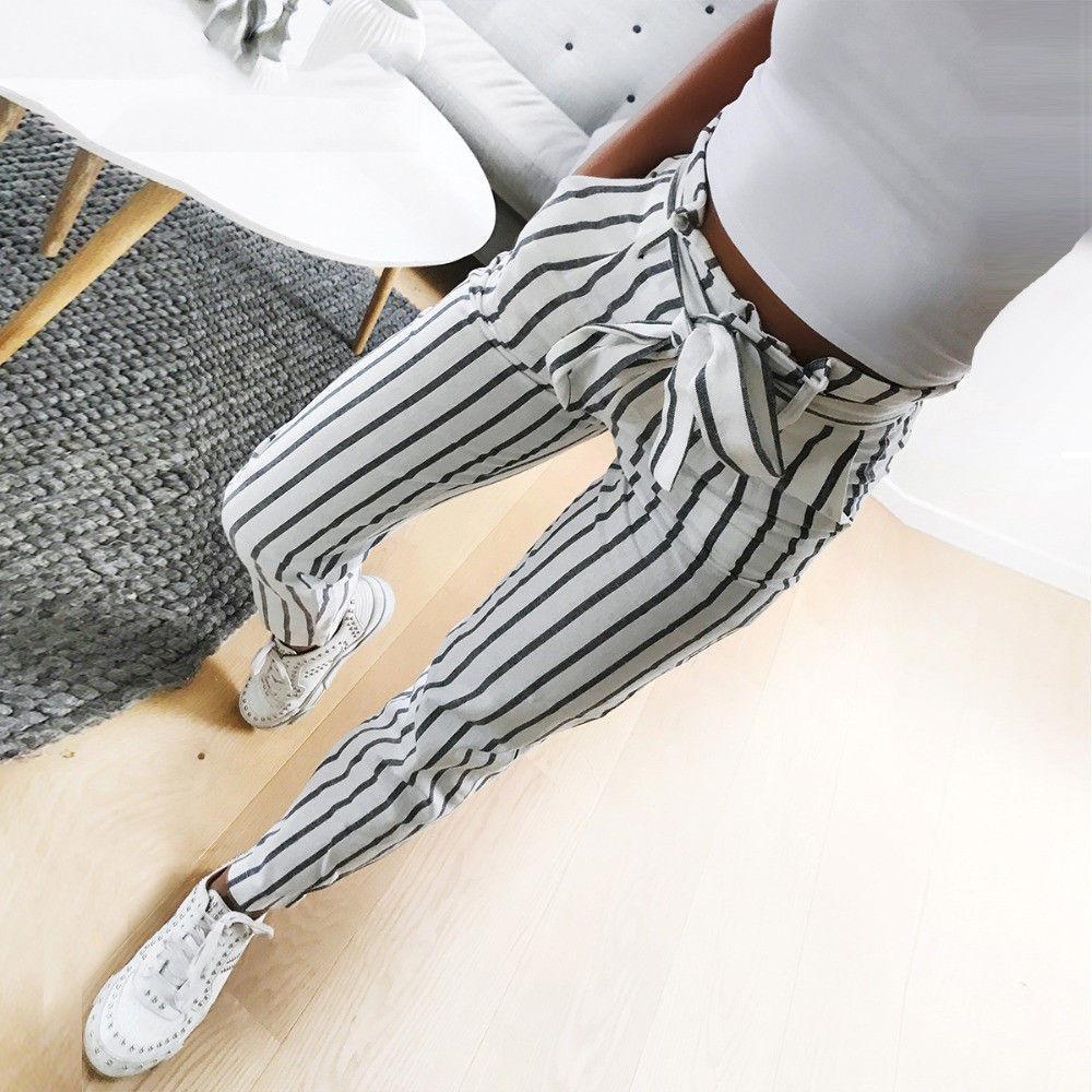 Women Striped Long Tie High Waist Ladies Pants