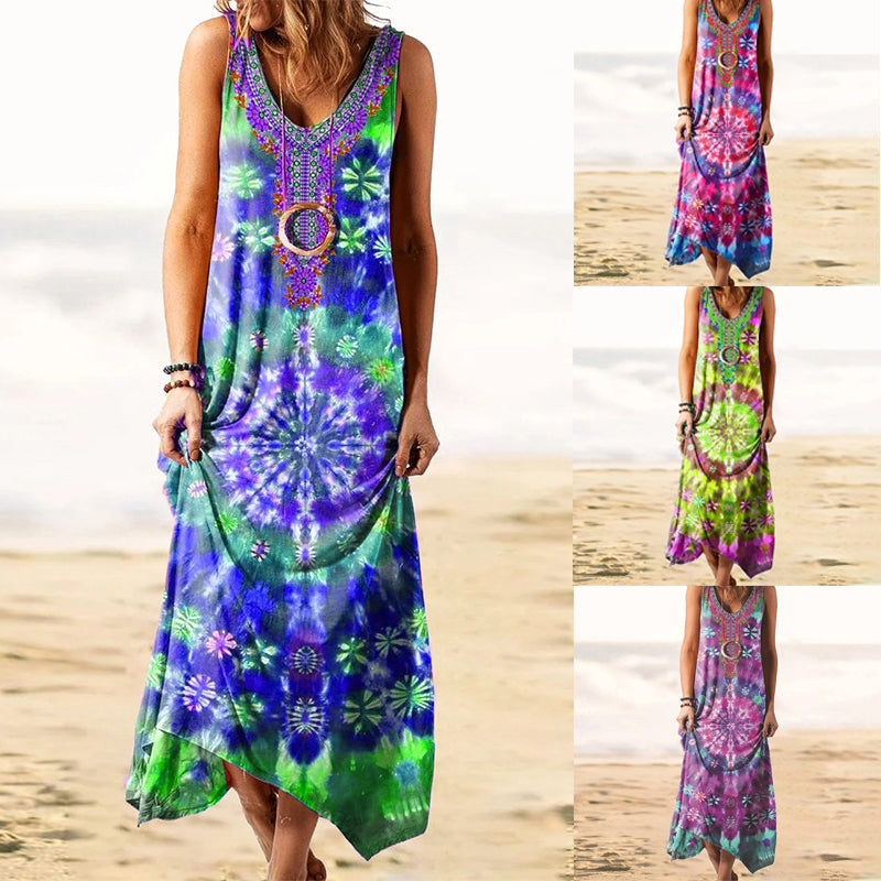 Women's Tie-dye Loose Print Sleeveless Dress