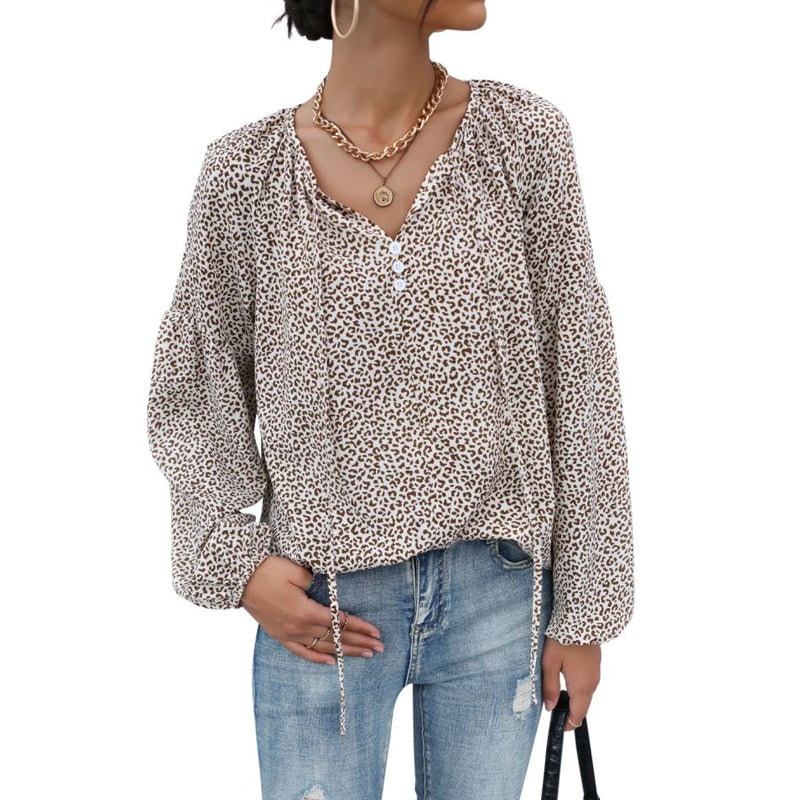 Long Sleeve V-Neck Drawstring Pullover Leopard Print Shirt