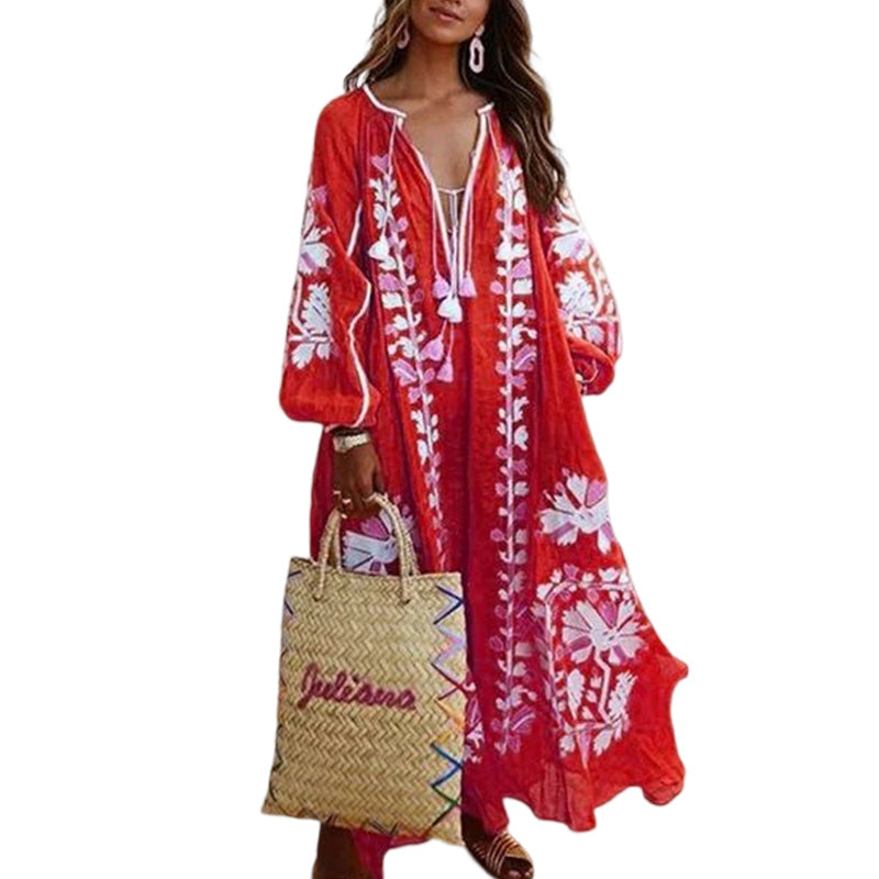 V-Neck Long Sleeve Printed Loose Dress