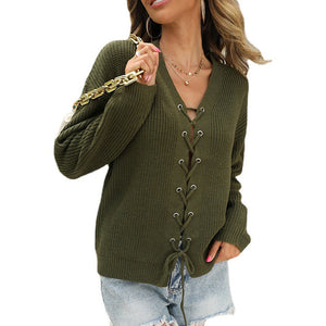 Solid V-Neck Cutout Lace-Up Knit Sweater