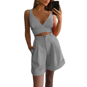 Fashion Solid Color Two Piece Tube Top High Waist Shorts