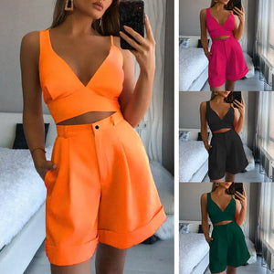 Fashion Solid Color Two Piece Tube Top High Waist Shorts