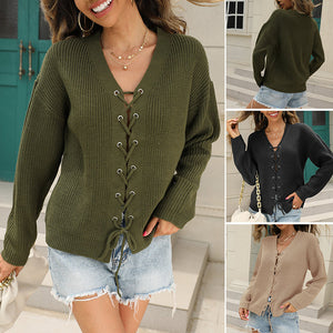 Solid V-Neck Cutout Lace-Up Knit Sweater