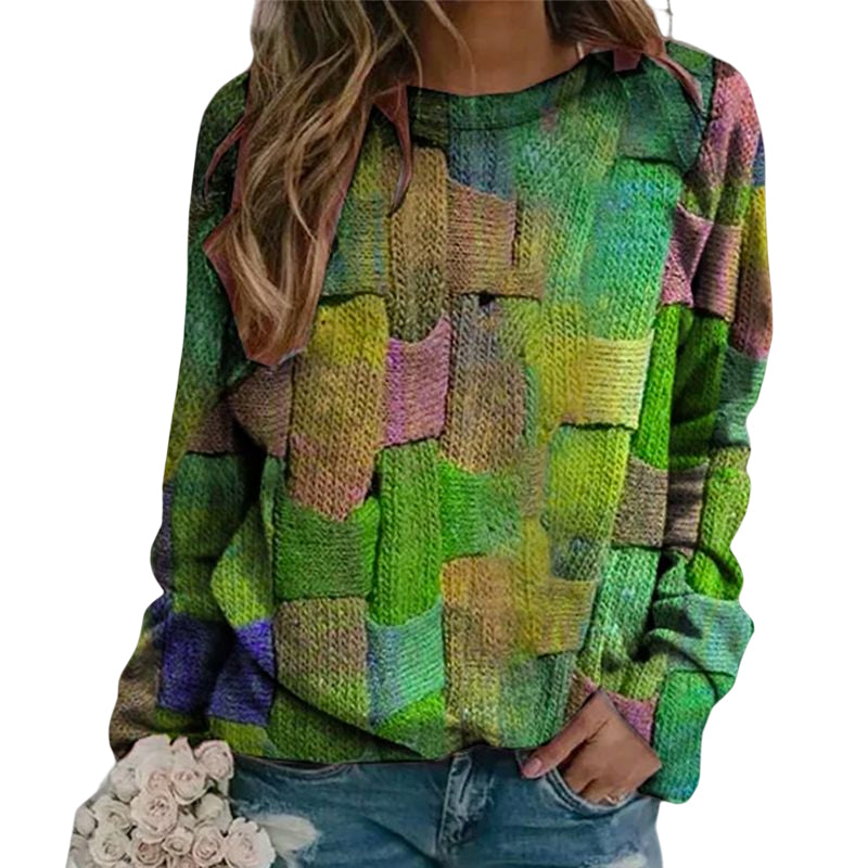 Crew-neck Paneled Long-sleeve Printed Sweater